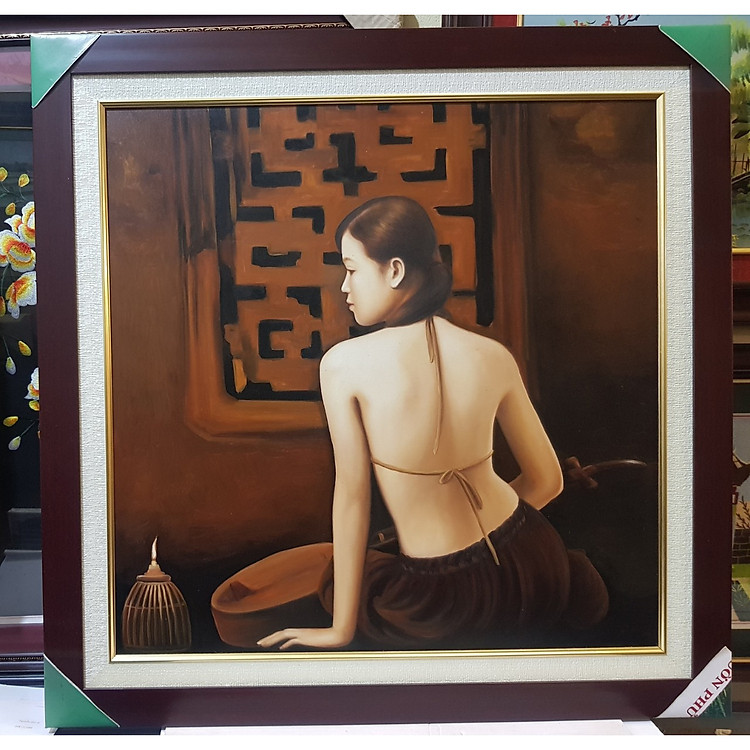 TRANH VẼ SƠN DẦU NGHỆ THUẬT THIẾU NỮ ÁO YẾM QUÊ XƯA