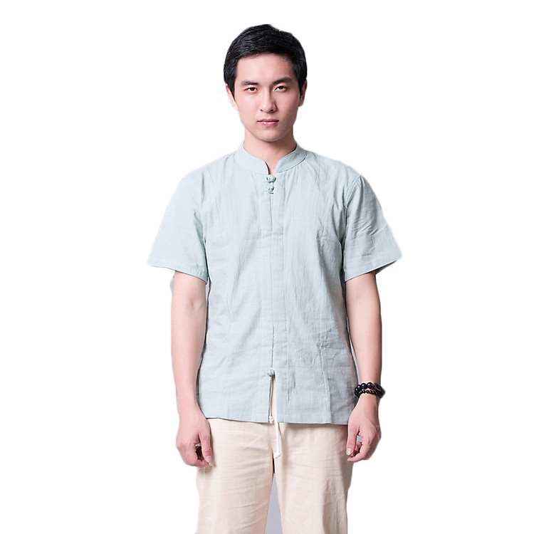 Áo sơ mi nam vải đũi cộc tay cổ trụ 2 cúc tết xanh cốm Rough