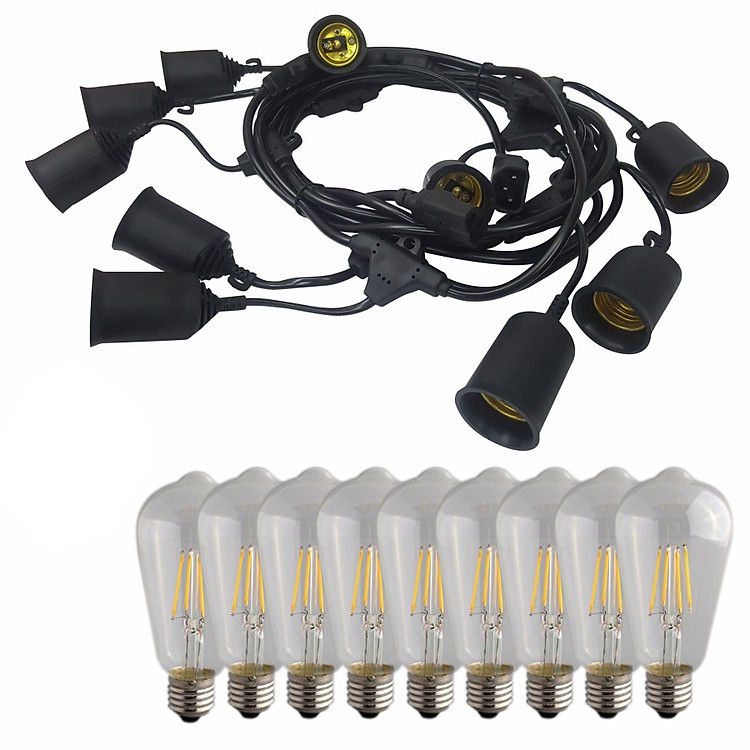 Bộ đui đèn liên dây 5m 10 đui trang trí ngoài trời Kenno 27LD510 kèm bóng ST64