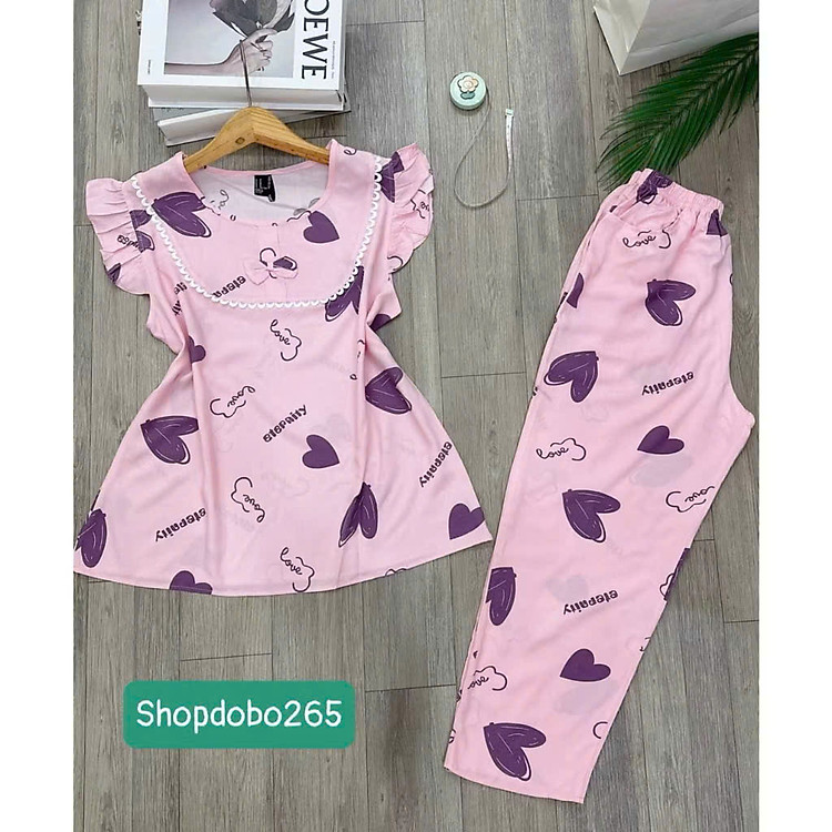 Đồ bộ nữ,đồ ngủ mặc nhà lửng 9 tấc cổ phối ren tay cánh tiên vải lanh BL 39 họa tiết dễ thương size 51-70kg.