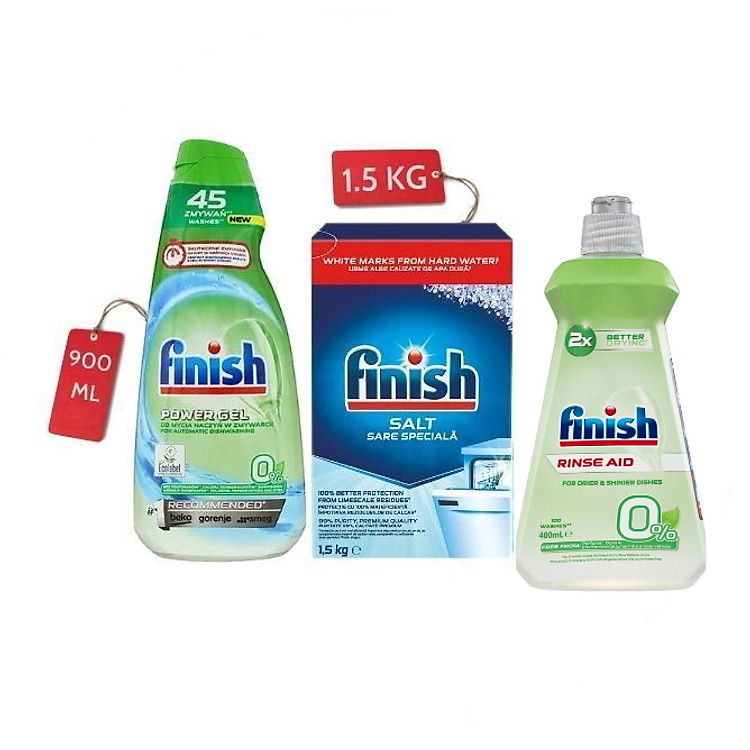 Combo Nước bóng finish Hữu cơ+Nước rửa bát Finish Gel 1.5L+1.5kg Muối rửa bát Finish chuyên dùng cho máy
