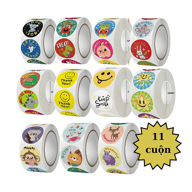 Set 11 Cuộn Sticker Khen Thưởng Đáng Yêu – Tem Dán Mặt Cười, Động Vật, Cảm Ơn, Động Viên Cho Bé