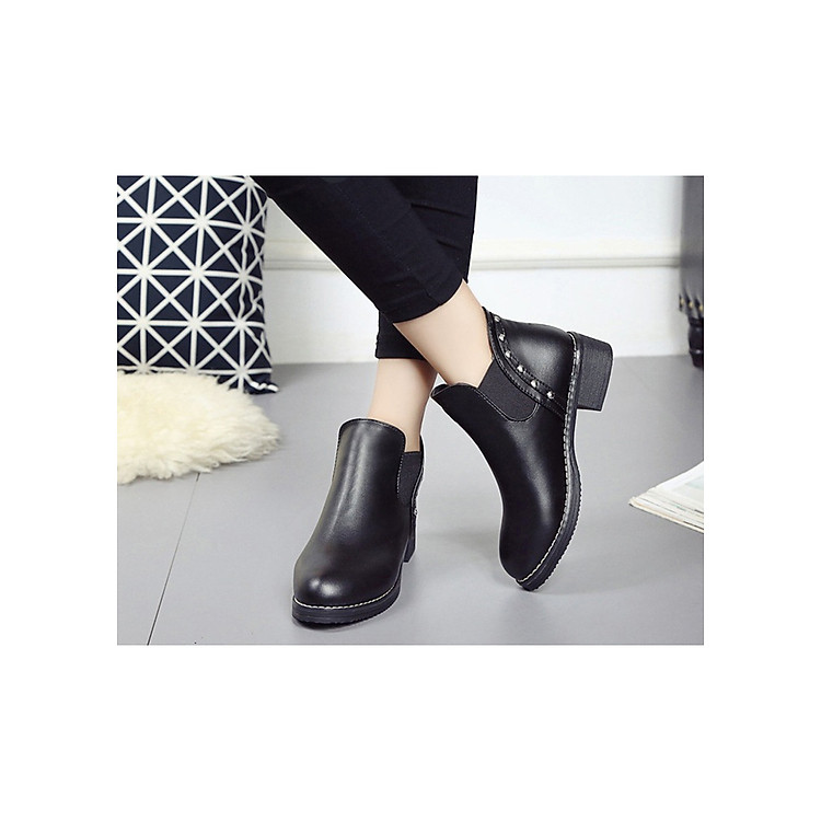 Giày bốt nữ boots chelsea viền đinh đế thấp S046