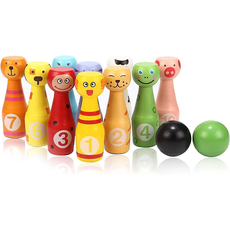 Bộ Bowling bằng gỗ Skittles Đồ chơi với 10 Pin động vật 2 Bóng Giáo dục