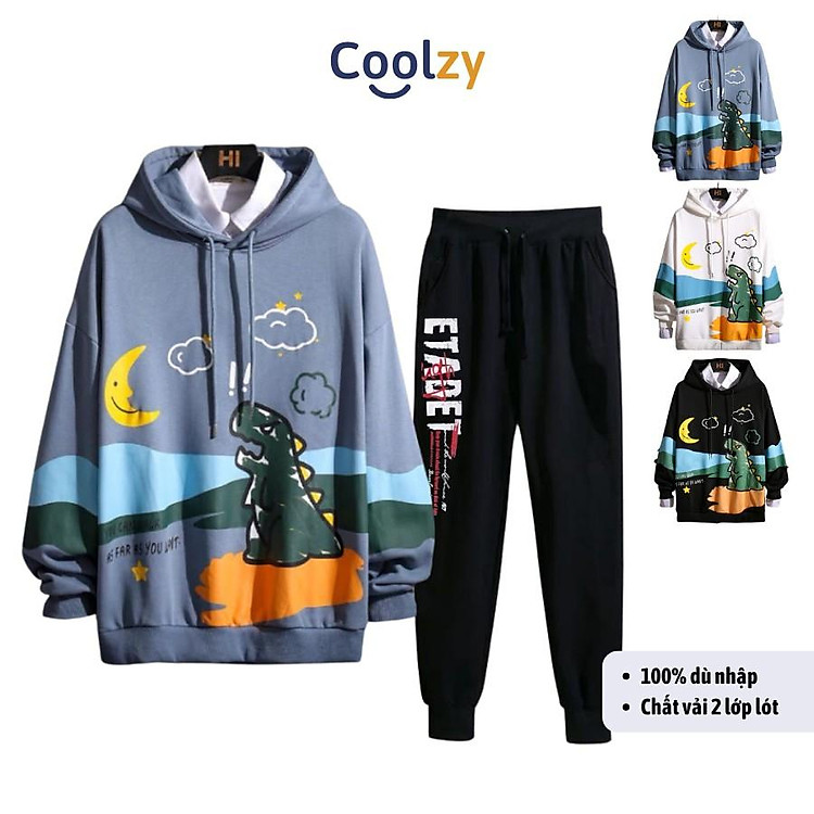 SET Áo quần Hoodie nam nữ ️ Áo khoác nỉ thu đông kèm quần ulzzang IN KHỦNG LONG MẶT TRĂNG form unisex nam nữ trẻ trung
