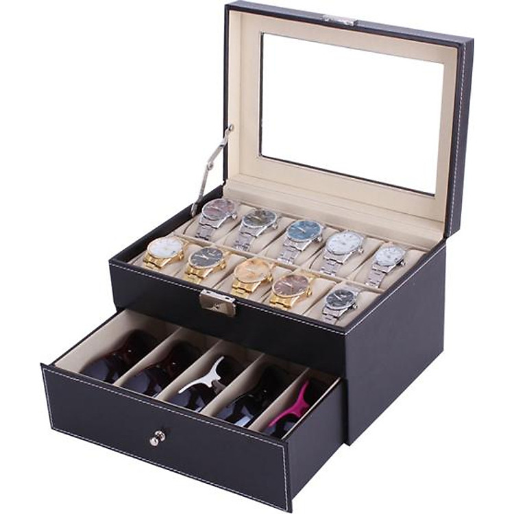 Hộp Đựng Đồng Hồ và Kính Mát 2 Tầng Vỏ Da - Mã 929
