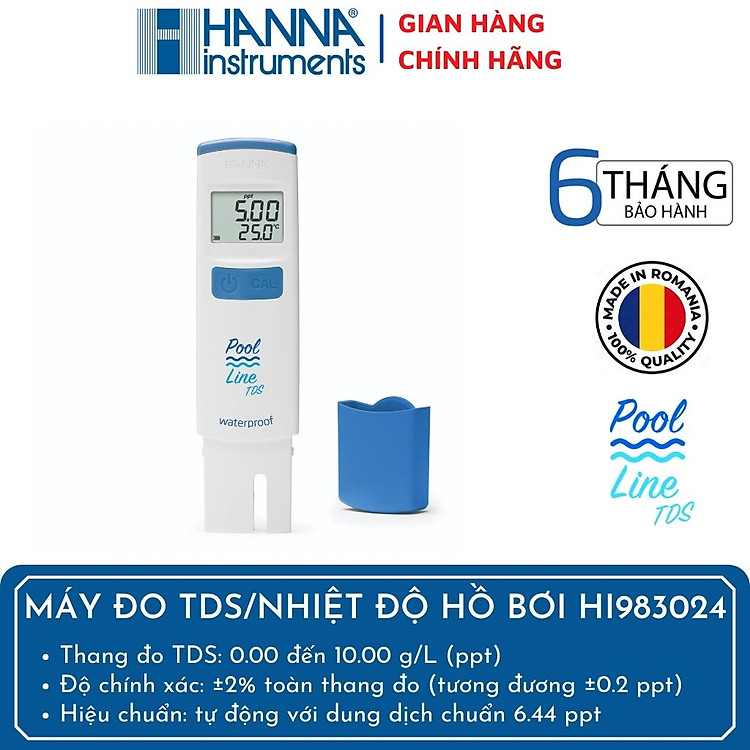 Bút Đo TDS/Nhiệt Độ (Tổng chất rắn hòa tan) Thang Cao Dòng PoolLine Chuyên Cho Nước Hồ Bơi - HANNA - HI983024 Tặng Kèm 4 Gói Dung Dịch Hiệu Chuẩn Máy , Bảo Hành Chính Hãng