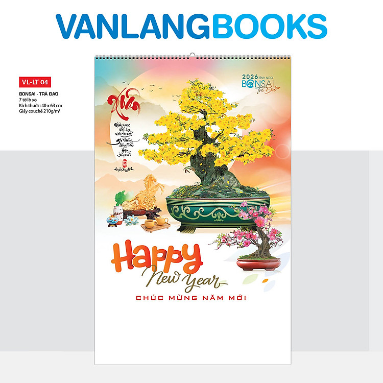 Lịch Tờ 2026 Treo Tường Vanlangbooks - Bonsai & Trà Đạo (VLLT04) 7 Tờ Lò Xo