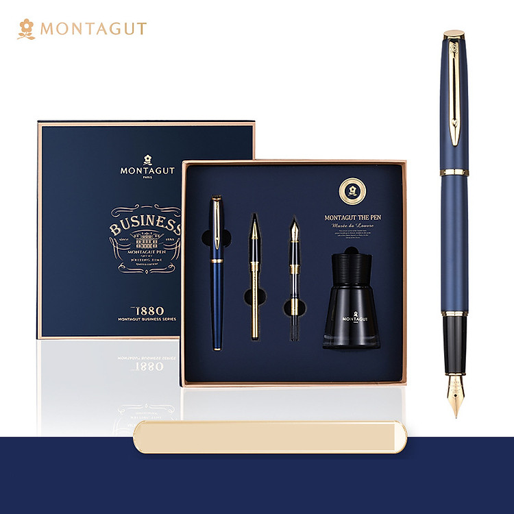 Bộ quà tặng bút ký Montagut Pháp MIỄN PHÍ KHẮC TÊN M2007 bút kí mực xanh tặng thiệp ghi chú B216