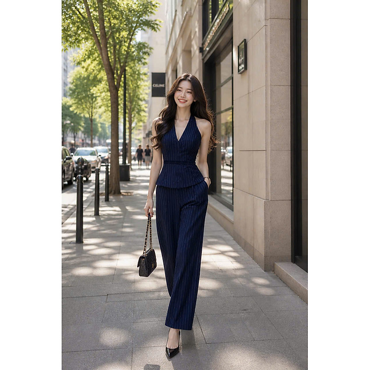 Set họa tiết sọc áo cổ yếm hở lưng kèm quần có túi thời trang