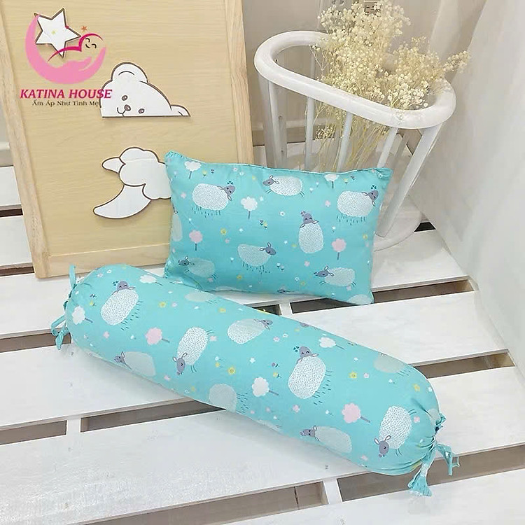 Bộ gối nằm và gối ôm cho bé Katina House, gòn lông vũ, vải Cotton Satin Hàn Quốc mềm mát