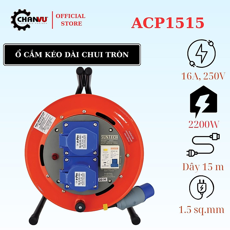 Ổ Cắm Rulo, ổ cắm kéo dài quay tay, Có Aptomat Chống Giật SUNTECH - Dây Dài 15m, Công Suất Đến 2600W