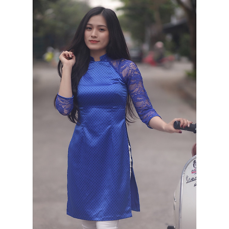 Áo Dài Lụa Chấm Bi FATRALY - Xanh Dương