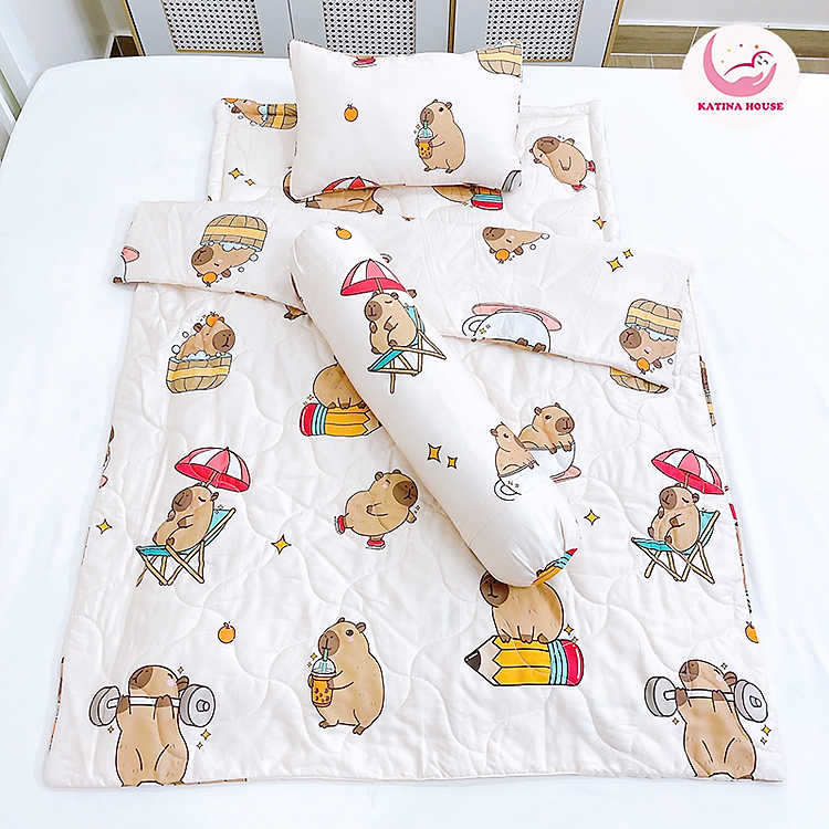 Combo 4 món Chăn gối nệm cho bé đi học Katina House, vải Tencel mềm mát, thấm hút tốt