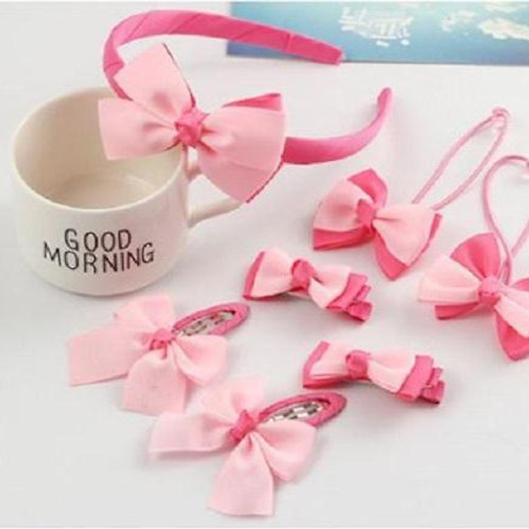Combo nơ kẹp tóc bé gái 7 chi tiết - Màu ngẫu nhiên