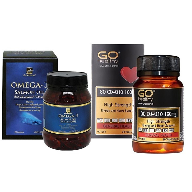 Bộ Sản Phẩm Giúp Bổ Mắt, Bổ Não, Bổ Tim Mạch: Viên Uống Dầu Cá Hồi Omega 3 Salmon Oil 180 Viên, Viên Uống Bổ Tim Go Co Q10 160mg 30 Viên