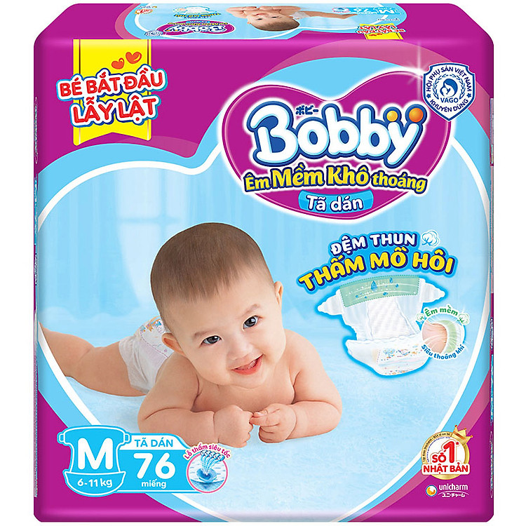 Tã Dán Bobby Siêu Mỏng Thấm Gói Siêu Lớn M76 (76 Miếng)