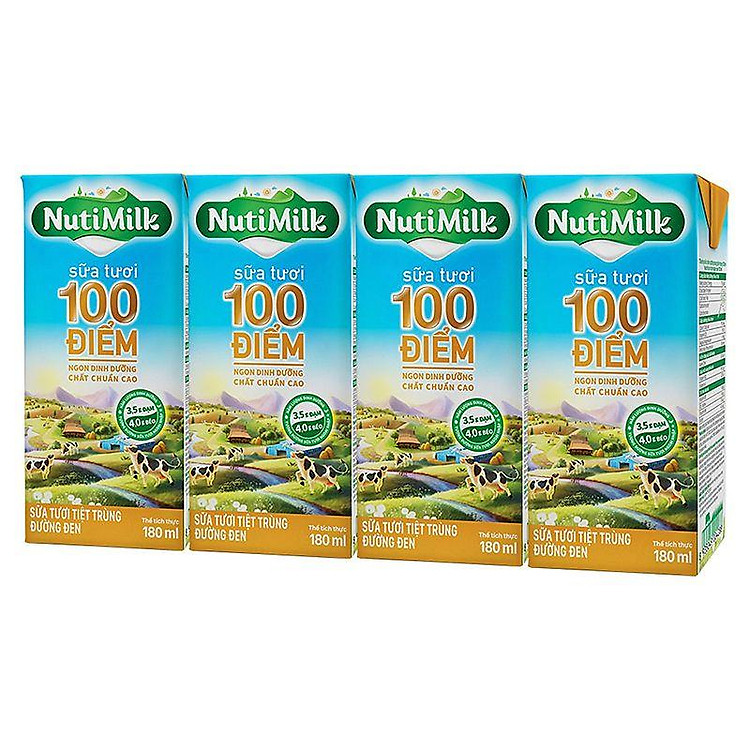 Lốc 4 Hộp Sữa Tươi Tiệt Trùng 100 Điểm Nutimilk Đường Đen Hộp 180ml