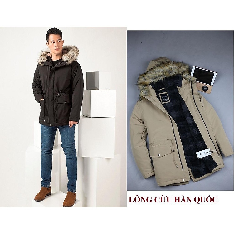 áo khoác nam có mũ lông đẹp, Parka lông cừu Hàn Quốc