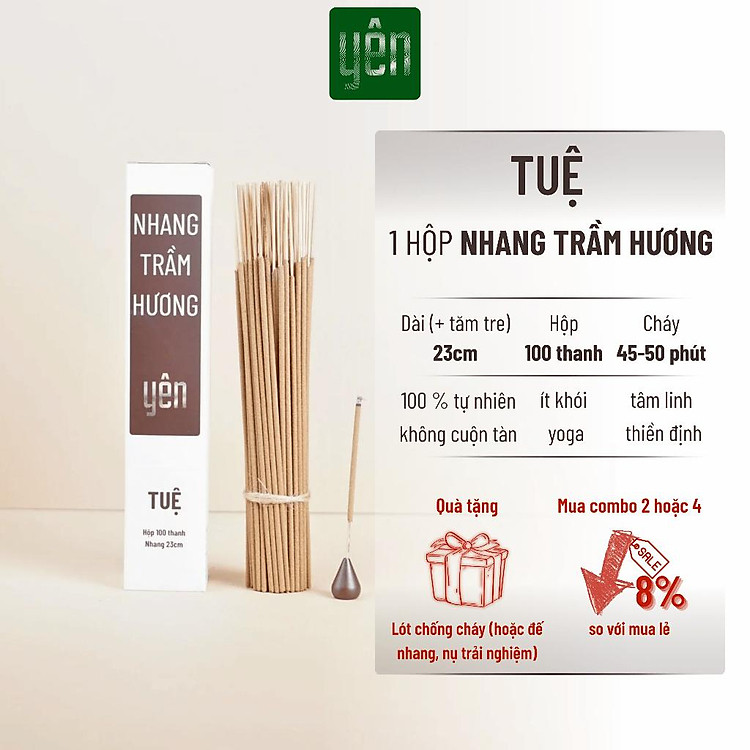 Nhang Trầm Hương Yên Loại Tuệ 23-30cm Hộp 100 thanh Sạch Tự Nhiên Ít Khói Dùng Thờ Cúng Xông Thơm