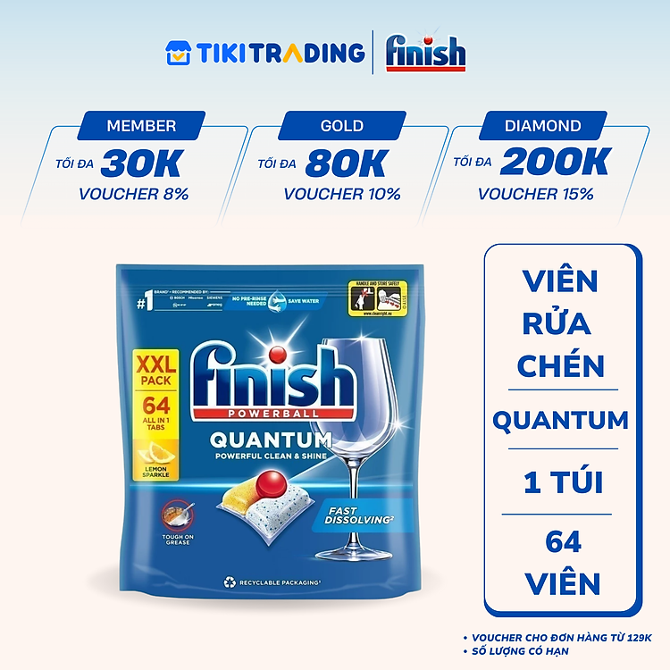 Túi 64 Viên Rửa Chén Bát Finish Powerball Quantum 12x sức mạnh, túi lớn siêu tiết kiệm