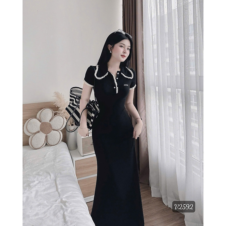 đầm thun gân - Đầm cổ bẻ tăm gân ôm body dáng dài