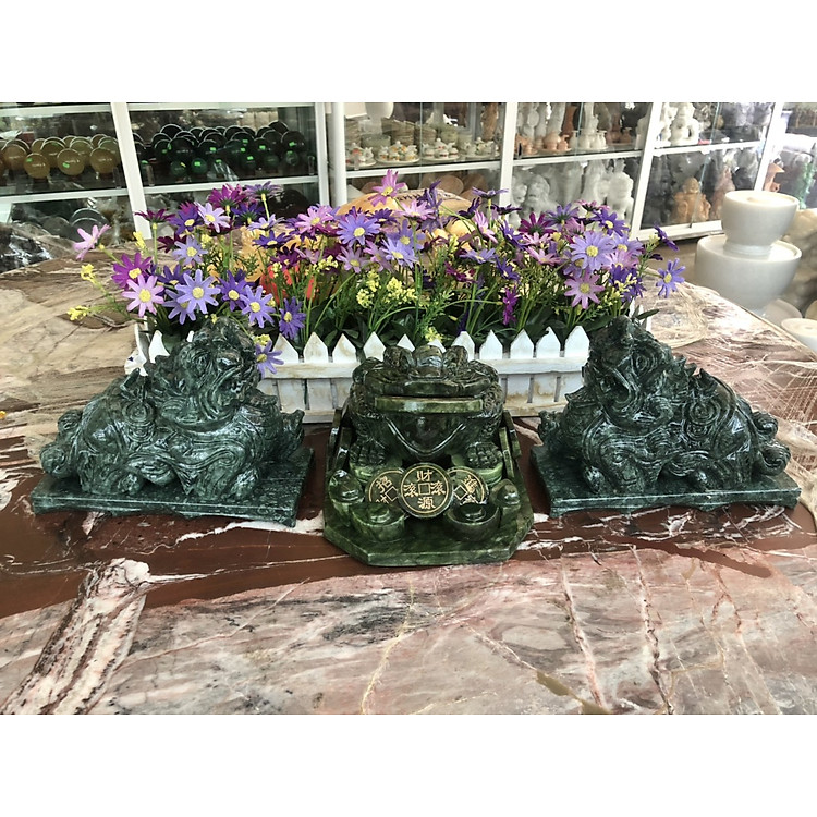 Bộ combo Tỳ Hưu và Tượng Cóc Ba Chân, Cóc Ngậm Tiền, Thiềm Thừ phong thủy chiêu nạp tài lộc đá ngọc Ấn Độ - Dài 20cm