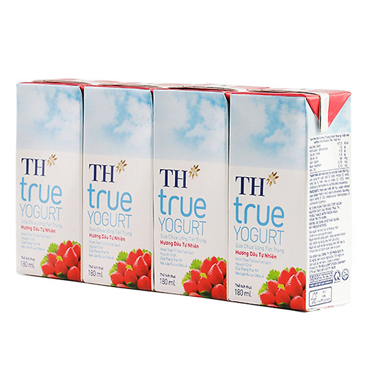Lốc 4 Hộp Sữa Chua Uống Tiệt Trùng Hương Dâu Tự Nhiên TH True Yogurt (180ml)