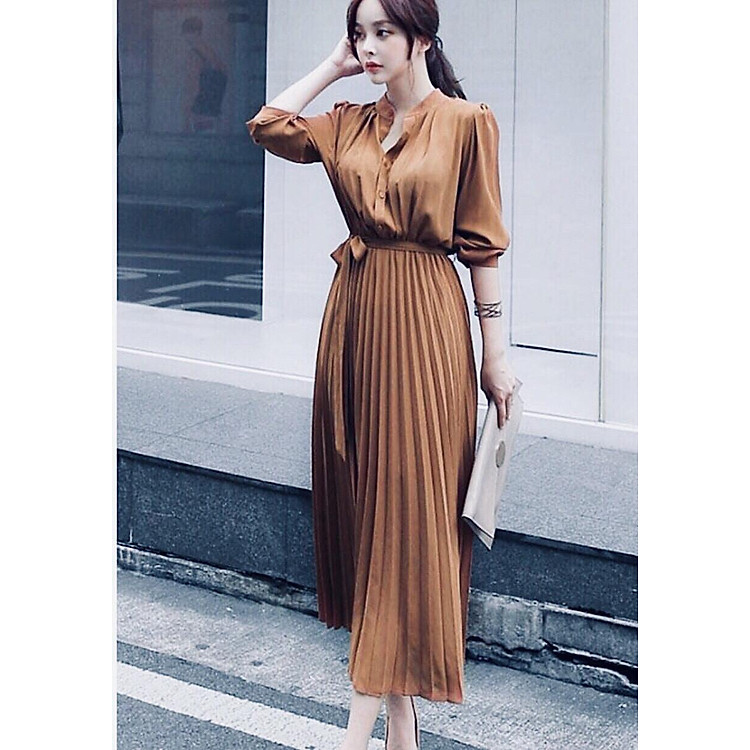 Đầm nâu cổ trụ tùng dâp li
