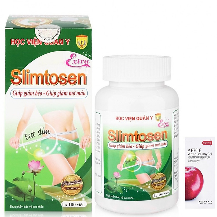 Thuốc hỗ trợ giảm cân lá sen Slimtosen Học viện quân y (100 viên/hộp) và tẩy da chết Beauskin