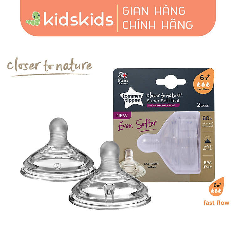 Núm Ty Silicon Siêu Mềm Tự Nhiên Cho Bé Tommee Tippee Natural Start Fast Flow Từ 6 Tháng (Vỉ đôi, tách lẻ)