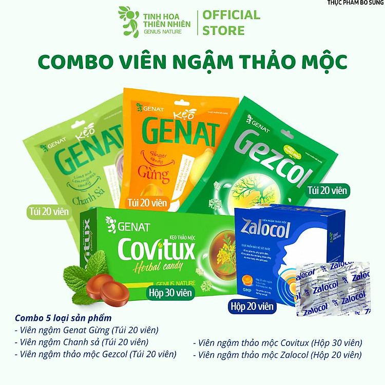 Combo 5 sản phẩm kẹo Genat - Kẹo thảo mộc Covitux, Gezcol , Genat Gừng, Genat chanh sả, viên ngậm Zalocol hỗ trợ giảm ho, giảm đờm, đau rát họng