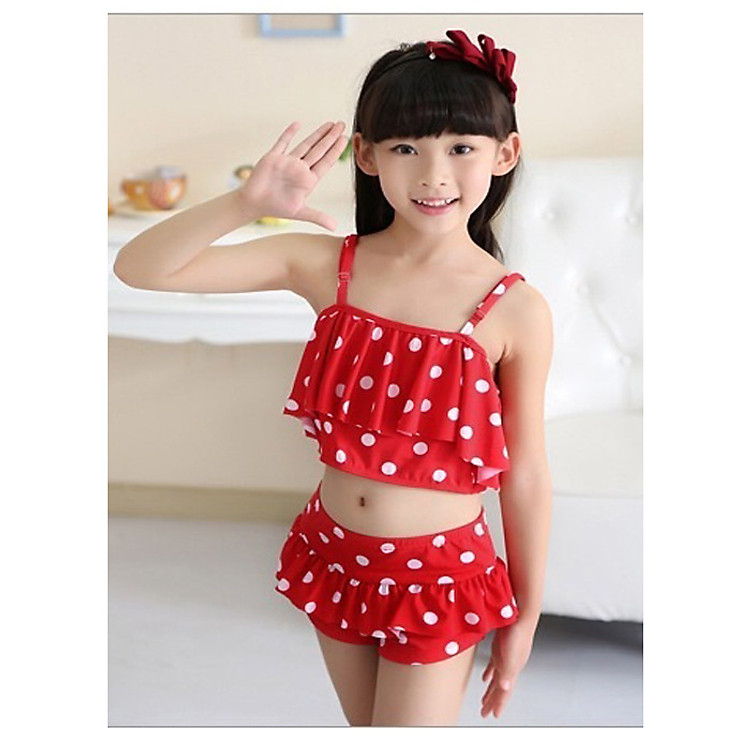 Đồ bơi bé gái 2 mảnh chấm bi kèm nón