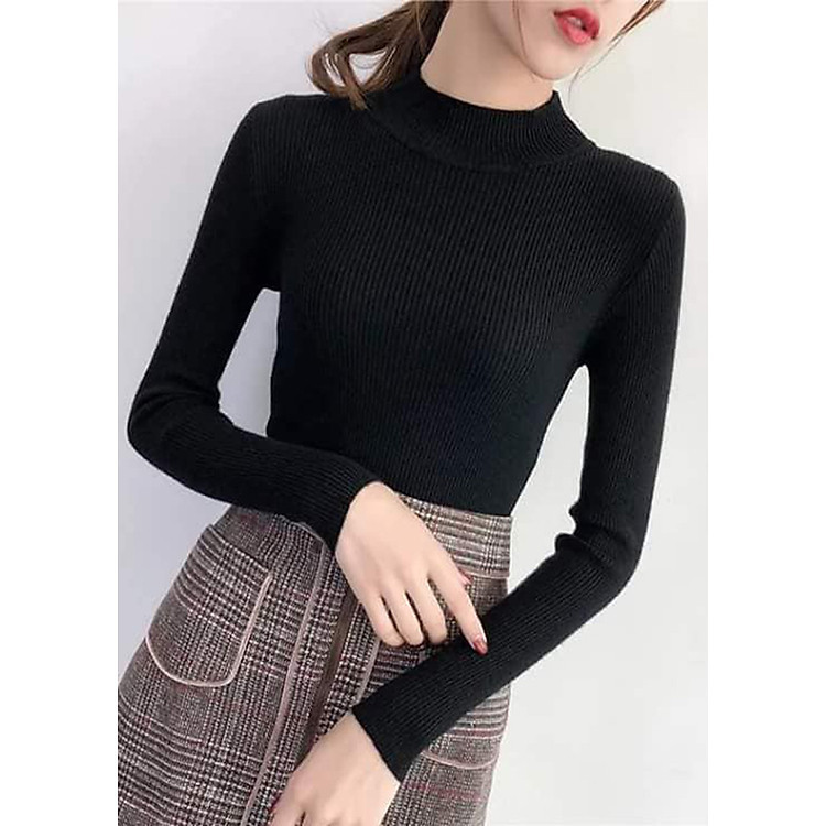 Áo Len Tơ Kéo Cổ Ba Phân Mềm_Đen