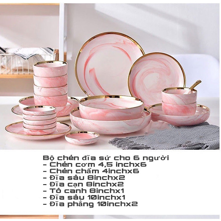 Bộ chén dĩa sứ Châu Âu cao cấp 20 món - hồng vân đá