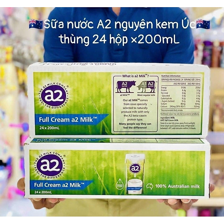 Thùng 24 Hộp Sữa tươi tiệt trùng nguyên kem A2 dạng nước 200ml x 24