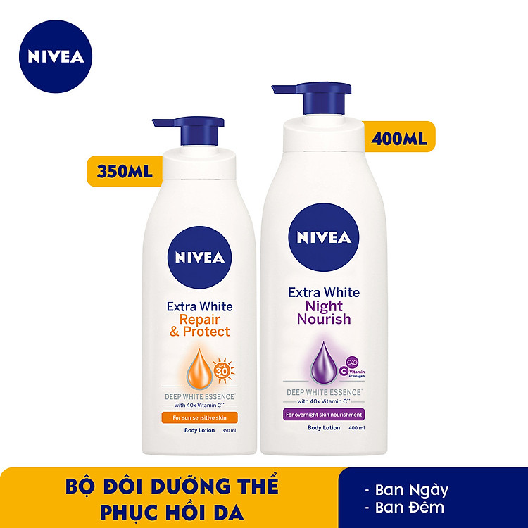 Bộ đôi chăm sóc phục hồi da Sữa Dưỡng Thể Dưỡng Trắng NIVEA Ban Ngày Giúp Phục Hồi & Chống Nắng SPF30 (350ml) - 88311 & Sữa Dưỡng Thể Dưỡng Trắng NIVEA Giúp Phục Hồi & Săn Da Ban Đêm (400ml) – 88126