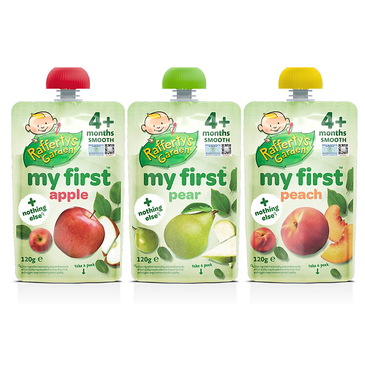 Combo 3 Túi Trái Cây Nghiền Mịn Ăn Dặm Cho Bé Từ 4 Tháng Tuổi Rafferty's Garden Táo, Lê, Đào Nguyên Chất (120g/túi)