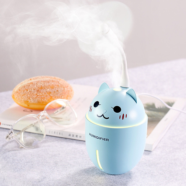 Máy phun sương tạo độ ẩm, khuếch tán tinh dầu hình mèo có đèn Led, quạt mini - Xanh