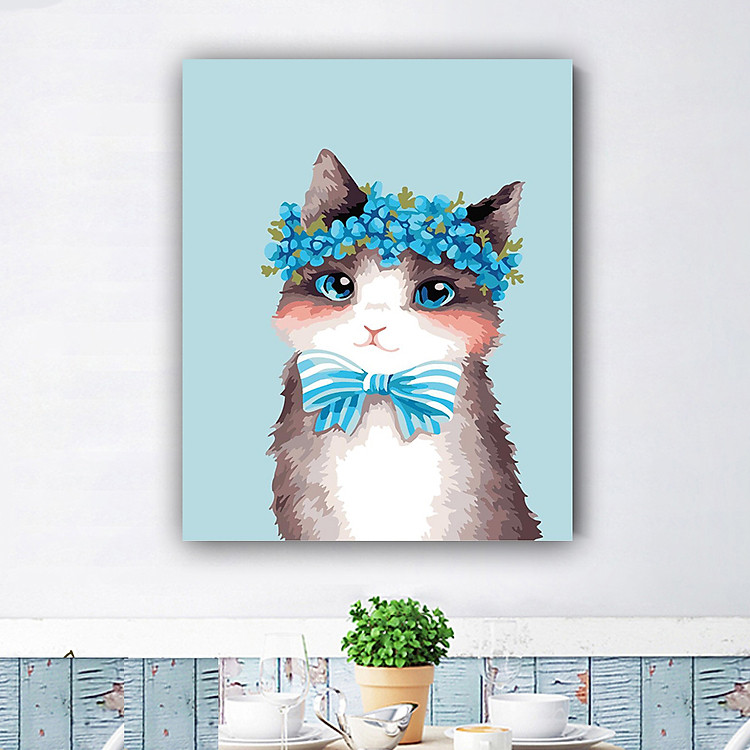 Tranh tô màu theo số mèo nơ xanh 74