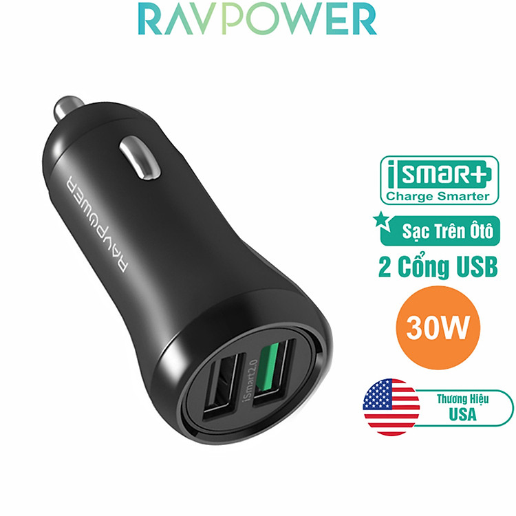 Tẩu sạc RAVPOWER RP-PC088, 30W, sạc nhanh QC 3.0 - Hàng Chính Hãng