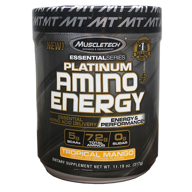 BCAA Platinum Amino Plus Energy của Muscle Tech hương Tropical Mango (XOÀI) hộp 30 lần dùng hỗ trợ tăng sức bền, sức mạnh, đốt mỡ giảm cân mạnh mẽ, phục hồi cơ nhanh chóng cho người tập GYM và chơi thể thao thao