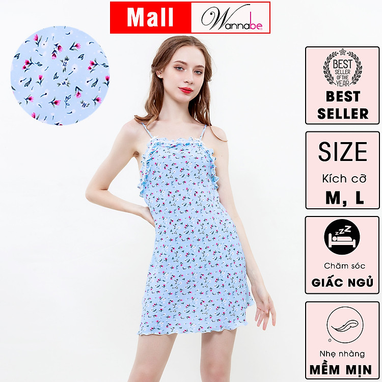 Đầm ngủ WANNABE váy ngủ DNS94 áo ngủ 2 dây lụa mango mềm mịn in hoa nhỏ dễ cưng tôn lên vẻ trẻ trung xinh xắn đẹp gái