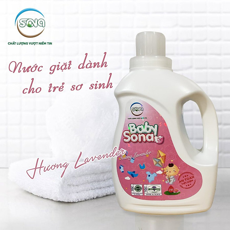 Nước giặt sinh học cho trẻ sơ sinh SONA baby 2kg, giặt xả quần áo 2 trong 1 mềm mại lưu hương