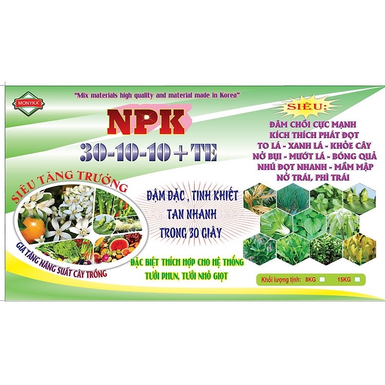 PHÂN BÓN TƯỚI PHUN , TƯỚI NHỎ GIỌT, RẢI GỐC - NPK 30-10-10 TE , LỚN LÁ , TO LÁ, LỚN TRÁI