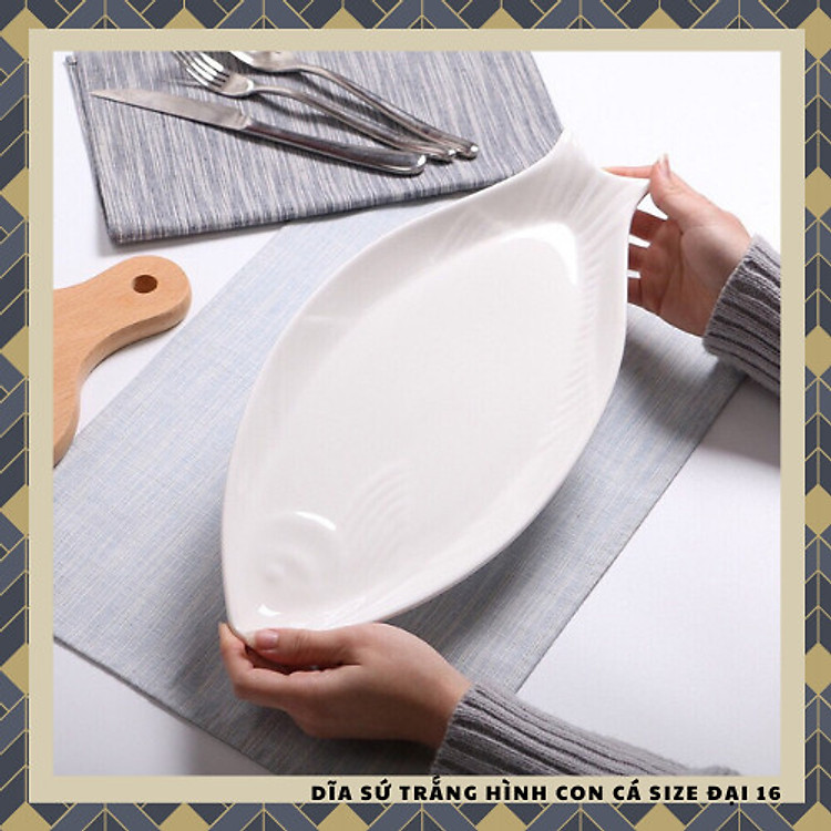 DĨA SỨ TRẮNG HÌNH CON CÁ SIZE ĐẠI 16