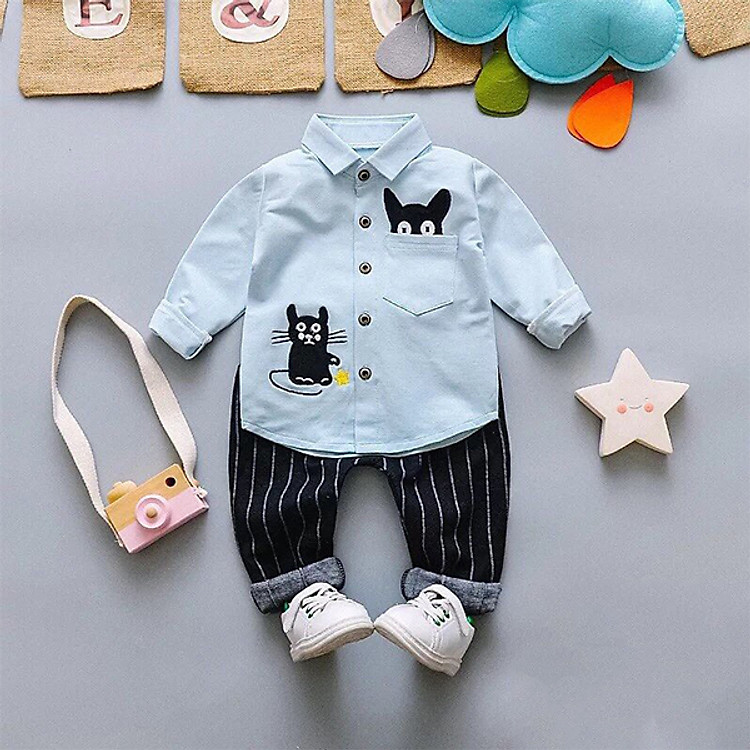 Bộ Quần Áo Sơ Mi Mẫu Mèo Xanh - Chất Da Cá