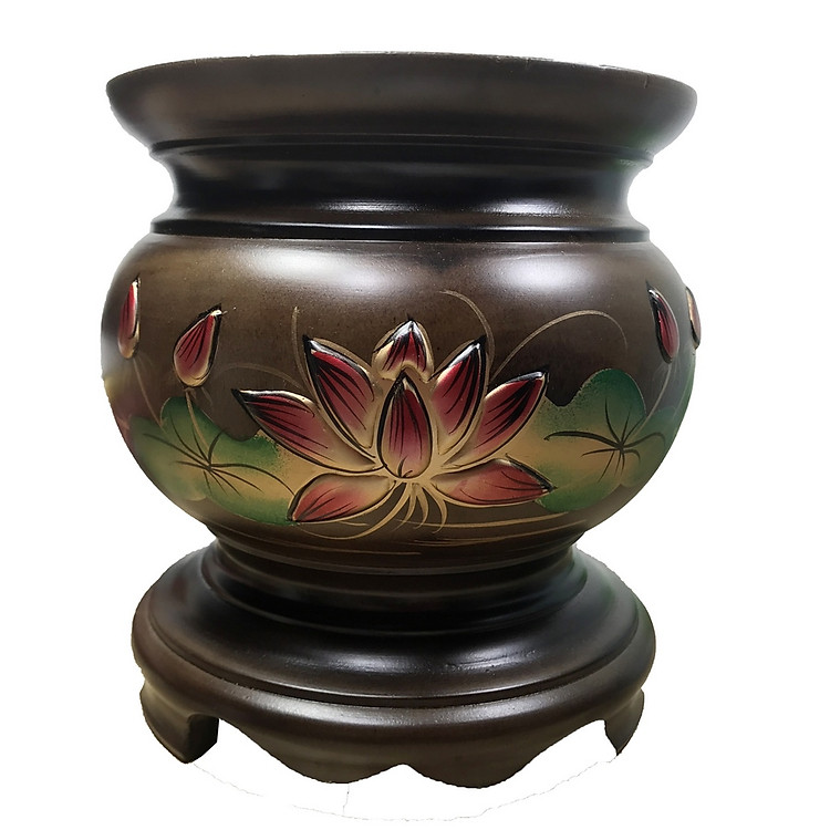 Bát hương bằng gỗ, Lư hương gỗ thờ cúng khắc nổi hoa sen cao 16cm