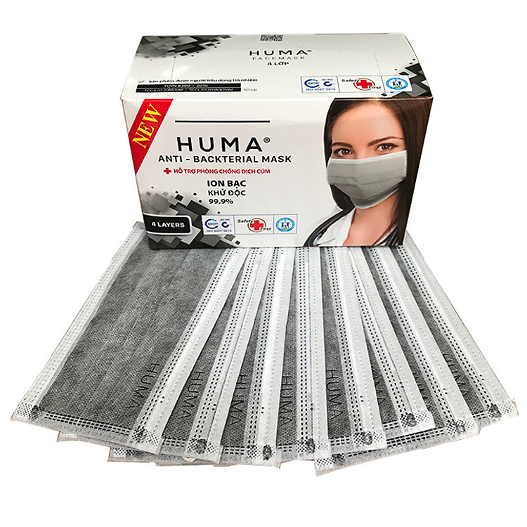 Khẩu Trang Y Tế Than Hoạt Tính Cao Cấp HUMA Ion Bạc Khử Độc - Hộp 50 Cái Màu Xám