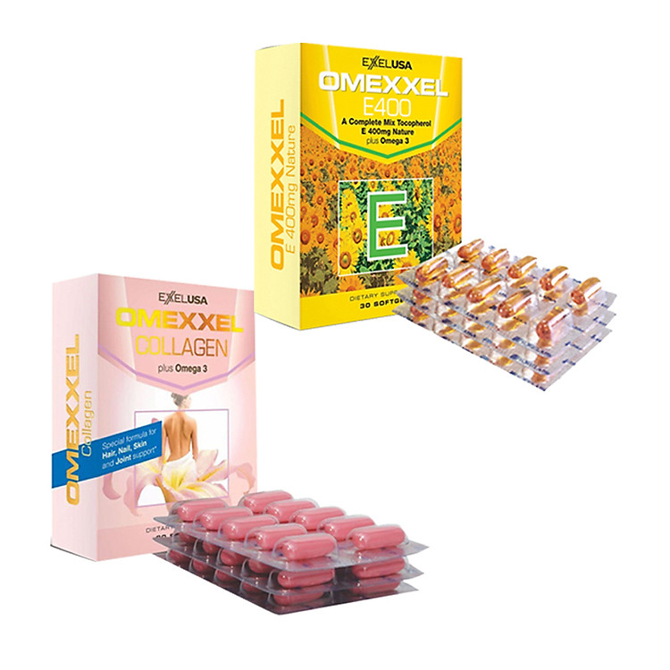 Bộ thực phẩm chức năng viên uống trắng da, chống lão hóa Omexxel E400 & Collagen 60 viên